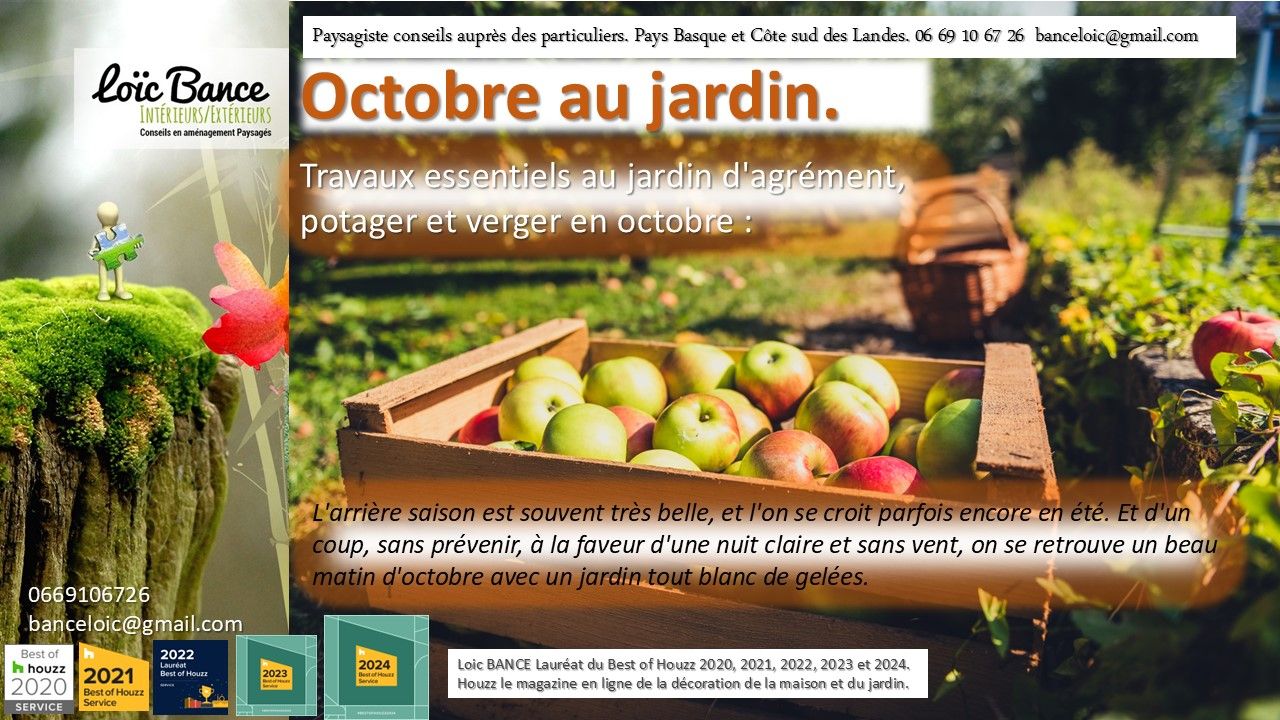 Jardins; Octobre; travaux; jardinage; ornemental; potager; fruitiers; Itxassous; Paysagiste Itxassou; Paysages; Amnagements paysagers; Landes; Paysagiste Landes; Pays Basque; Paysagiste Pays Basque; Concepteur de jardins; Ahetze; Paysagiste Ahetze; Anglet; Paysagiste Anglet; Arbonne; Paysagiste Arbonne; Arcangues; Paysagiste Arcangues; Bayonne; Paysagiste Bayonne; Biarritz; Paysagiste Biarritz; Capbreton; Paysagiste Capbreton; Guthary; Paysagiste Guthary; Hossegor; Paysagiste Hossegor; Saint Jean de Luz; Paysagiste Saint Jean de Luz; Seignosse; Paysagiste Seignosse; 